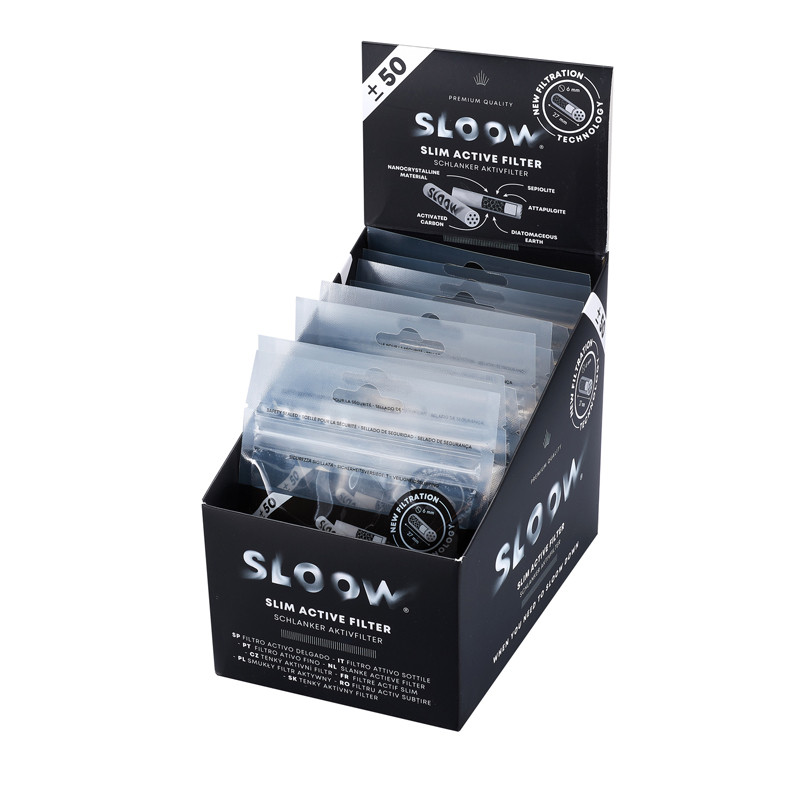 Sloow 50 Filter 6 mm mit Aktivkohle Beutel 10 sacchetti/espositore Filter weiss + logo nero Diamet 40506402 Sloow 50 Filter 6 mm mit Aktivkohle Beutel 10 sacchetti/espositore Filter weiss + logo nero Diamet 40506402